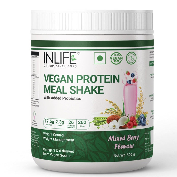 INLIFE Vegan Meal Replacement Shake for Weight Control, Plant Protein Powder (17.5 Protein), Sugar Free with Added Probiotics, 500g (Mixed Berry) - INLIFE Healthcare (International)