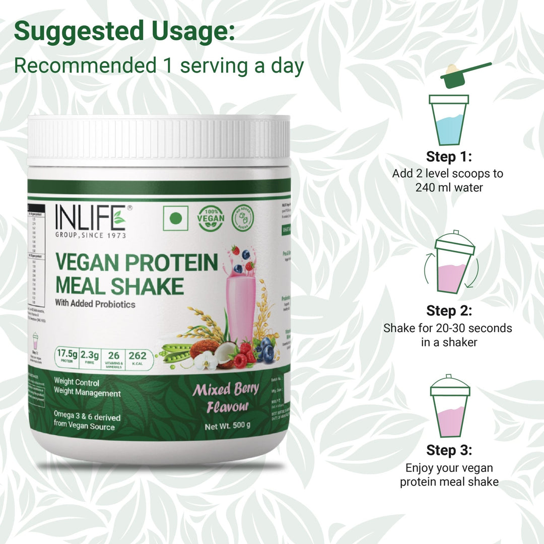 INLIFE Vegan Meal Replacement Shake for Weight Control, Plant Protein Powder (17.5 Protein), Sugar Free with Added Probiotics, 500g (Mixed Berry) - INLIFE Healthcare (International)