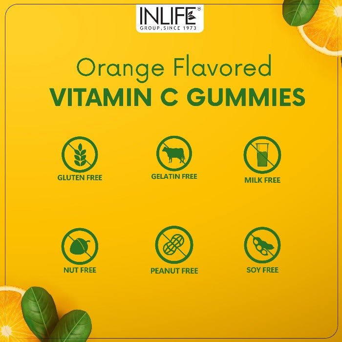INLIFE Vitamin C Gummies for Kids Teens Men & Women, Immunity Booster, Antioxidant, Skin & Hair Care, Collagen Builder (Orange) - INLIFE Healthcare (International)