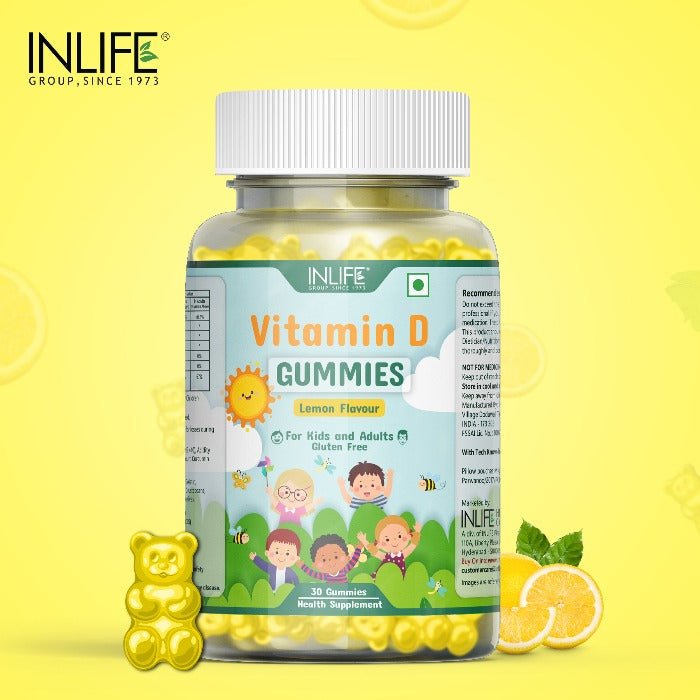 INLIFE Vitamin D Gummies for Kids Men Women Adults, Bone & Muscle Health, Immunity Booster, Gluen Free, Vegan, 400 IU (Lemon) - INLIFE Healthcare (International)