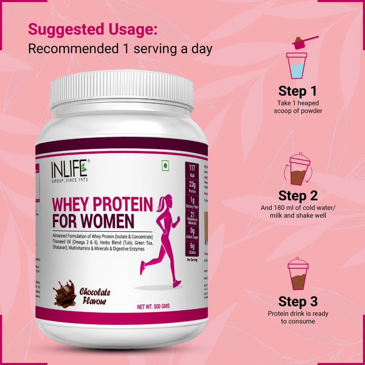 INLIFE Whey Protein Powder For Women Ayurvedic Herbs, 23g Protein, 21 Vitamins Minerals, Omega 3 6, With Digestive Enzymes (500g, Chocolate) - INLIFE Healthcare (International)