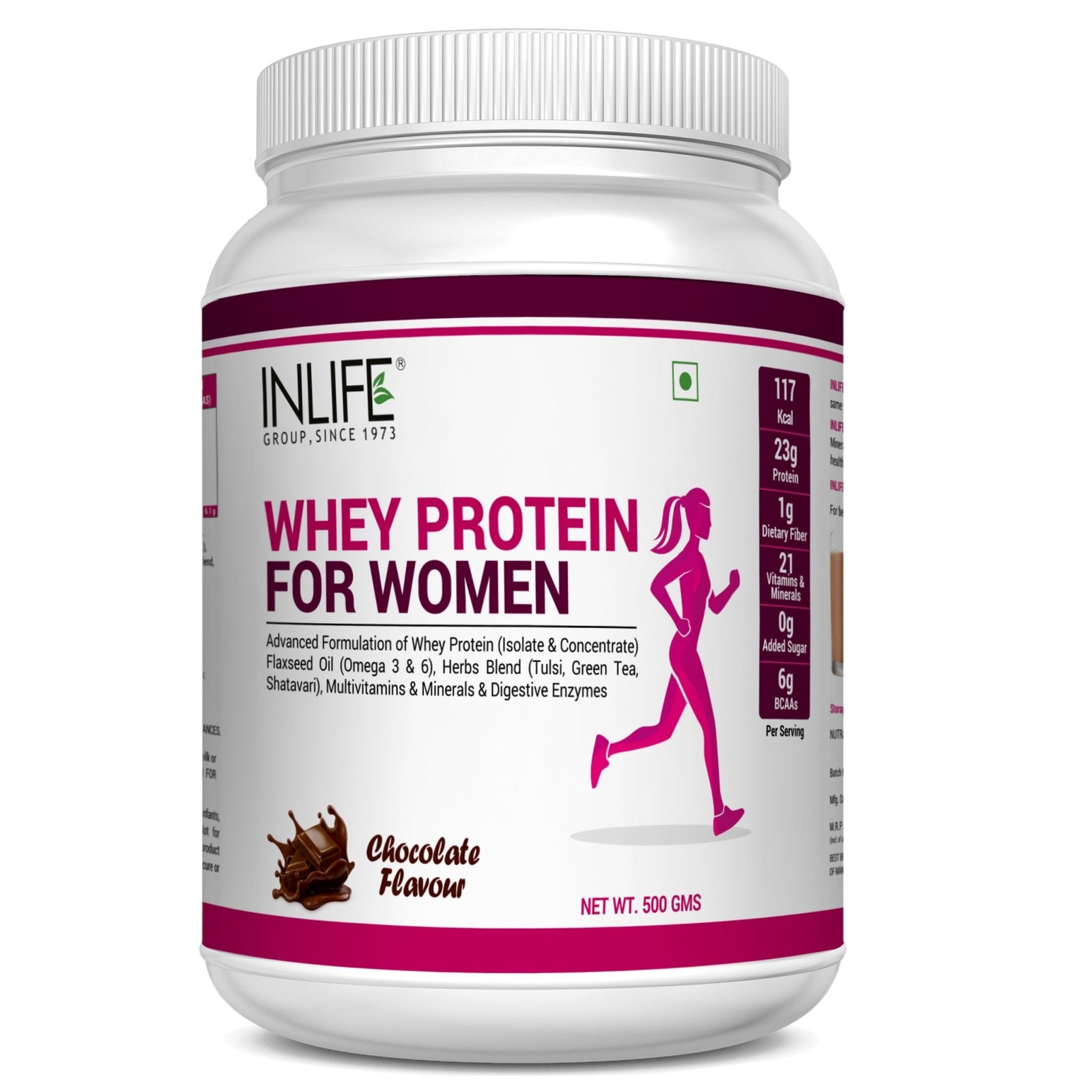 INLIFE Whey Protein Powder For Women Ayurvedic Herbs, 23g Protein, 21 Vitamins Minerals, Omega 3 6, With Digestive Enzymes (500g, Chocolate) - INLIFE Healthcare (International)