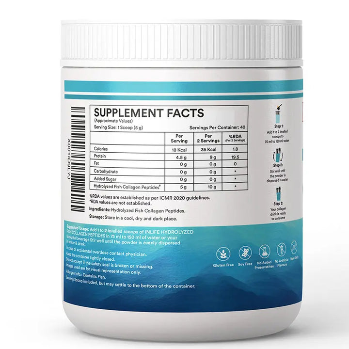 INLIFE Hydrolyzed Marine Fish Collagen Peptides Powder, Clinically Proven & Patented Ingredient, Skin Health, 200g (Unflavoured)