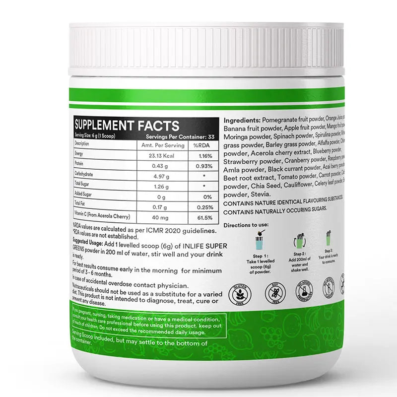 INLIFE Super Greens Powder Supplement | Energy, Immune Health - 200g