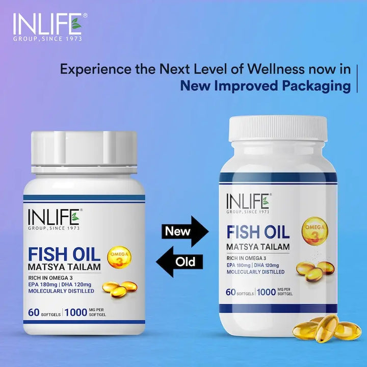 INLIFE Fish Oil Omega 3 Capsules 180mg EPA 120mg DHA Supplement, Molecularly Distilled, 1000mg