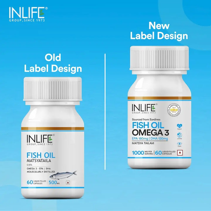 INLIFE Fish Oil Capsules Omega 3 1000mg | 180mg EPA & 120mg DHA | Promotes Brain, Heart, Joint & Eye Health - 60 Liquid Filled Capsules