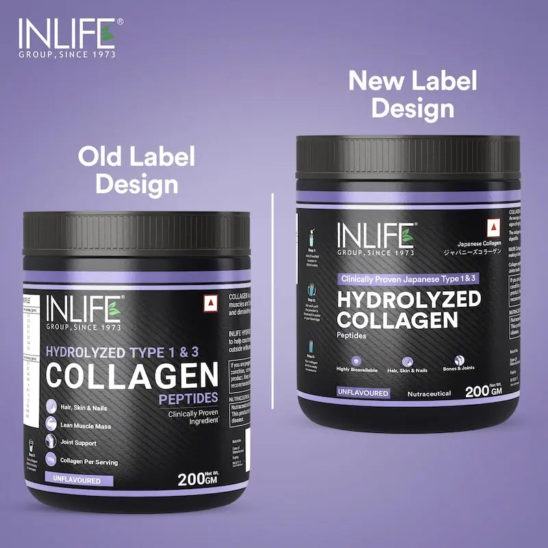 INLIFE Hydrolyzed Collagen Peptides Powder Clinically Proven Ingredient, Type 1 & 3, Skin Health, Bone Health Supplement - 200g (Unflavoured)