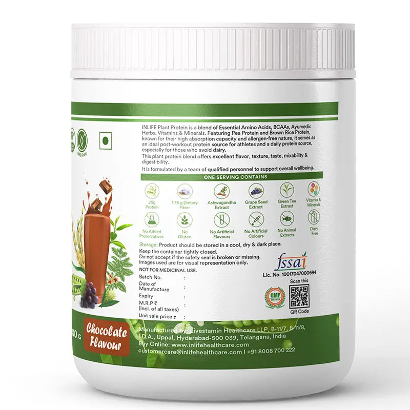 INLIFE Plant Protein Powder - Pea, Quinoa & Brown Rice - 25g Protein - Ashwagandha, Green Tea & Grape Seed Extract | Digestive Enzymes Bodybuilding Supplement