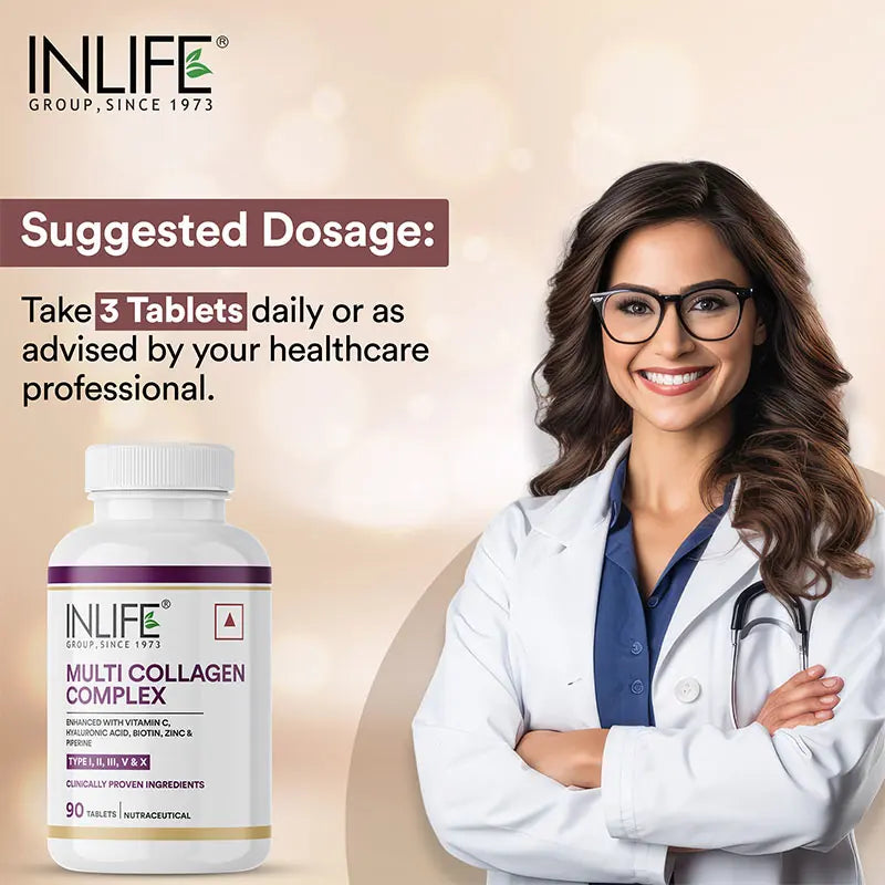 INLIFE Multi Collagen Complex Tablets | 5 Types Peptides I, II, III, V & X with Biotin, Hyaluronic Acid | Collagen Powder Supplements for Women & Men