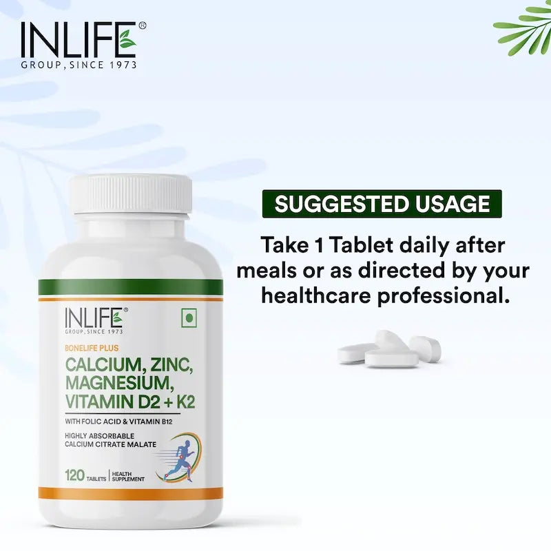 INLIFE Calcium Magnesium Zinc Vitamin D K2 Folic Acid & B12 Supplement