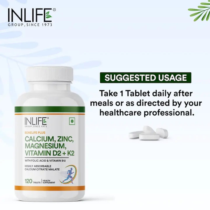 INLIFE Calcium Magnesium Zinc Vitamin D K2 Folic Acid & B12 Supplement