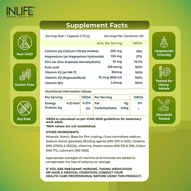 INLIFE Calcium Magnesium Zinc Vitamin D K2 Folic Acid & B12 Supplement
