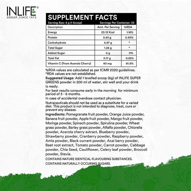 INLIFE Super Greens Powder Supplement | Energy, Immune Health - 200g