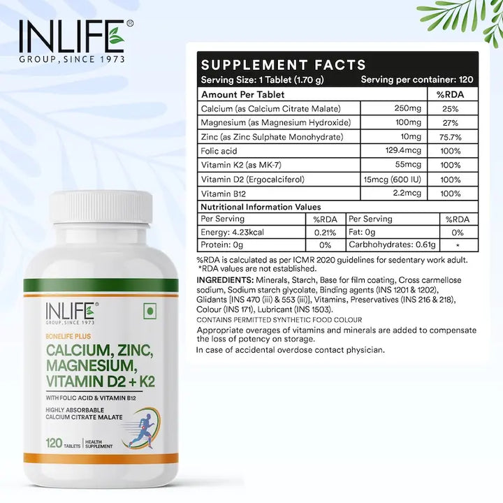 INLIFE Calcium Magnesium Zinc Vitamin D K2 Folic Acid & B12 Supplement