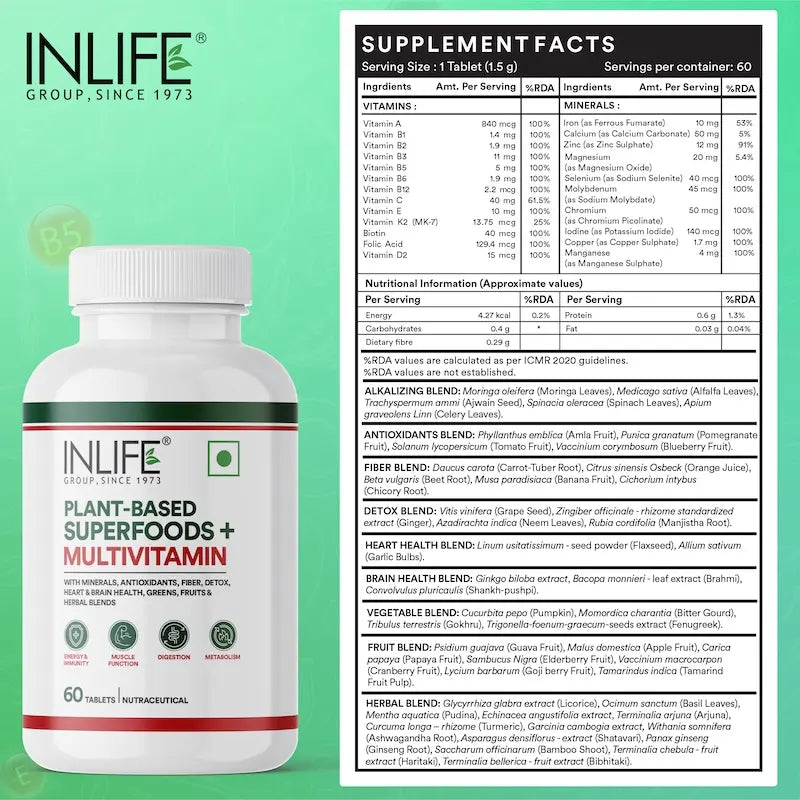 INLIFE Plant Based Multivitamins for Men & Women: Superfood+