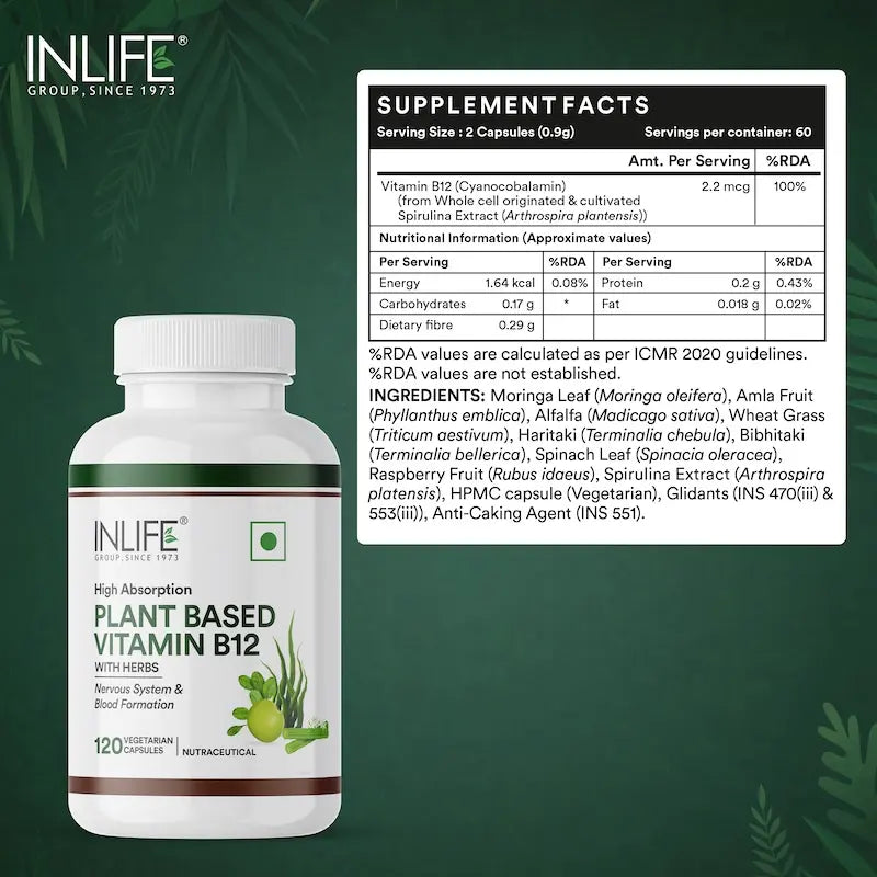 INLIFE Plant Based Vitamin B12 Supplements for Men & Women | Supports Nerve Health & Brain Health | Superfood Formula | B12 from Spirulina Extract