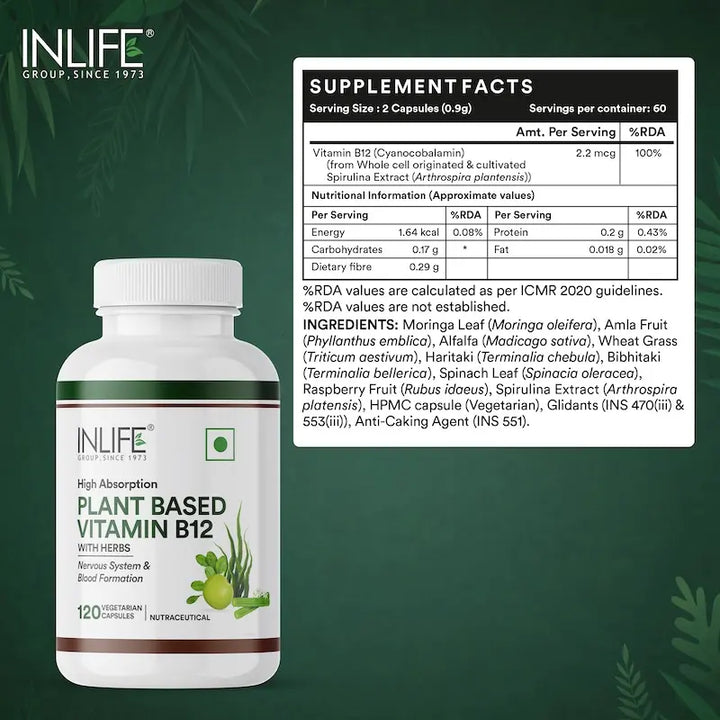 INLIFE Plant Based Vitamin B12 Supplements for Men & Women | Supports Nerve Health & Brain Health | Superfood Formula | B12 from Spirulina Extract