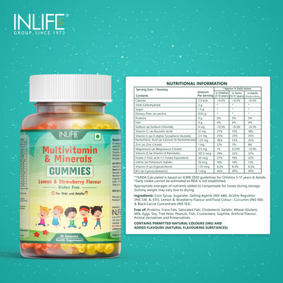 INLIFE Multivitamin Gummies for Kids Teens Men & Women, Healthy Growth, Development, and Immunity (Lemon & Strawberry)