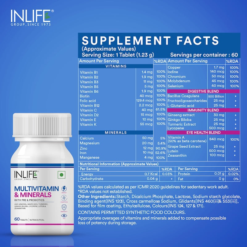 INLIFE Multivitamin Tablets For Men & Women with Ginseng & Prebiotic Probiotic | Multivitamin Supplement with Vitamin B12, C, D, E, Zinc & Biotin Nutrition Tablet