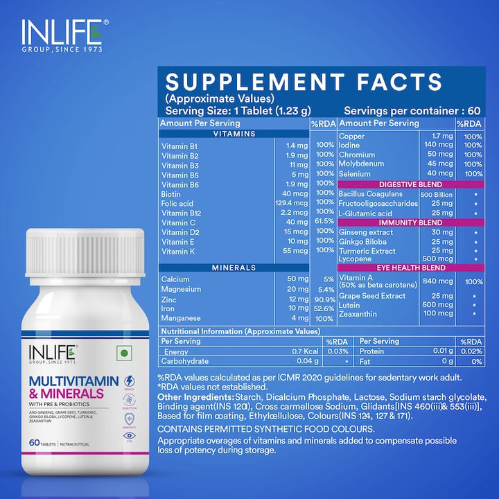 INLIFE Multivitamin Tablets For Men & Women with Ginseng & Prebiotic Probiotic | Multivitamin Supplement with Vitamin B12, C, D, E, Zinc & Biotin Nutrition Tablet