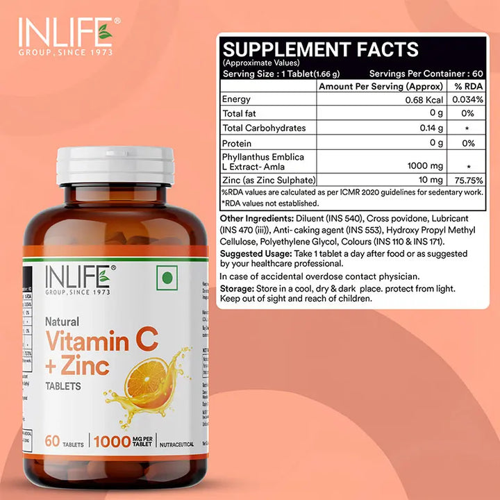 INLIFE Natural Vitamin C Amla Extract 1000mg with Zinc 10mg Supplement