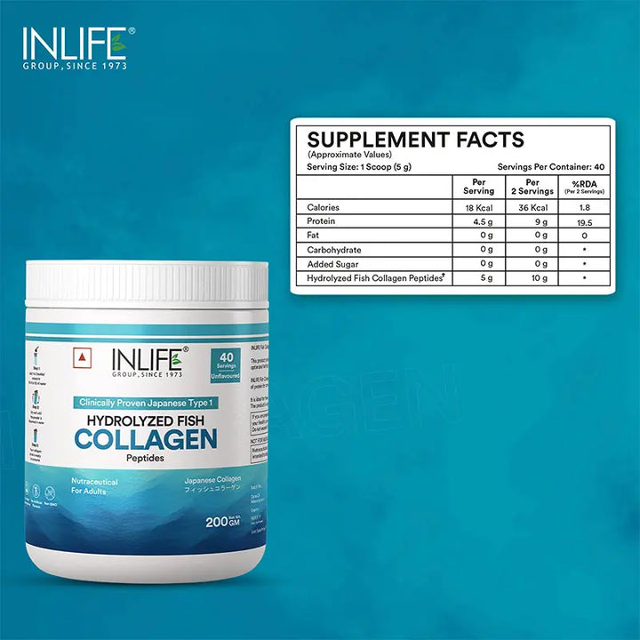 INLIFE Hydrolyzed Marine Fish Collagen Peptides Powder, Clinically Proven & Patented Ingredient, Skin Health, 200g (Unflavoured)