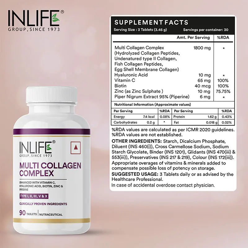 INLIFE Multi Collagen Complex Tablets | 5 Types Peptides I, II, III, V & X with Biotin, Hyaluronic Acid | Collagen Powder Supplements for Women & Men