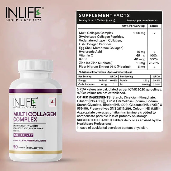 INLIFE Multi Collagen Complex Tablets | 5 Types Peptides I, II, III, V & X with Biotin, Hyaluronic Acid | Collagen Powder Supplements for Women & Men