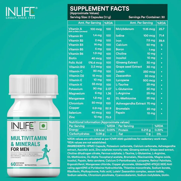 INLIFE Multivitamins & Minerals Amino Acids Antioxidants for Men Health Supplement