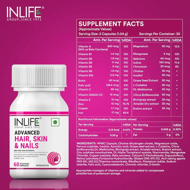 INLIFE Advanced Hair Skin & Nails Supplement with Biotin, Multivitamin Minerals Amino Acids