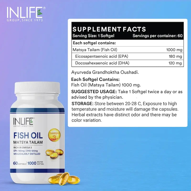 INLIFE Fish Oil Omega 3 Capsules 180mg EPA 120mg DHA Supplement, Molecularly Distilled, 1000mg