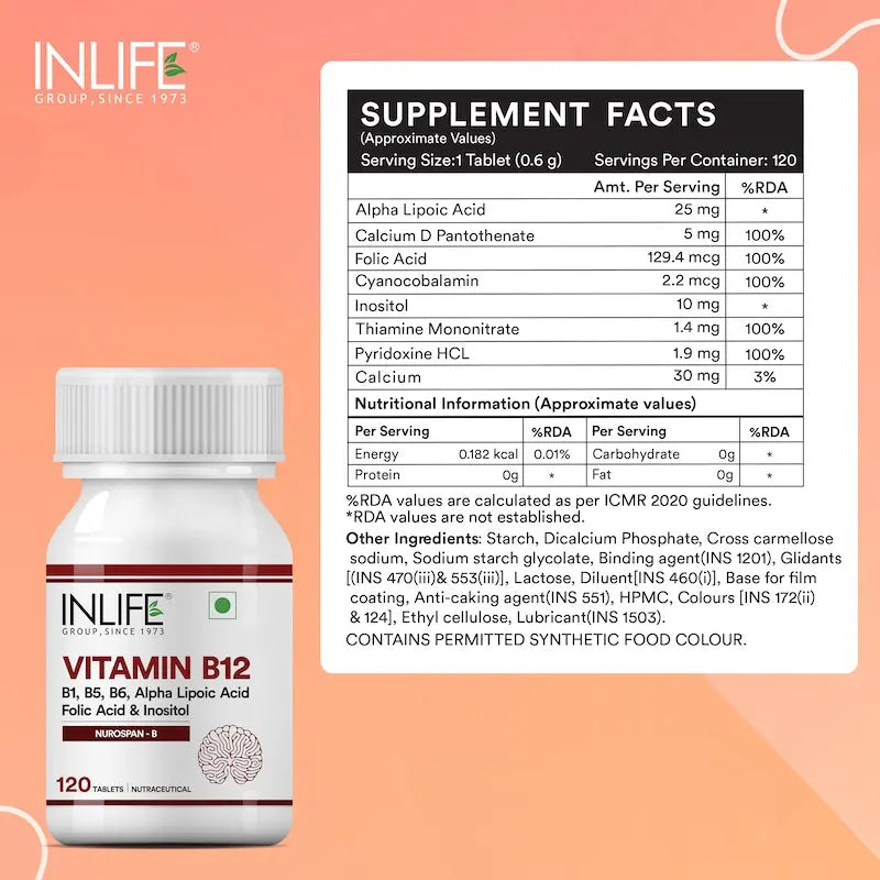 INLIFE Vitamin B12 With Alpha Lipoic Acid, Folic Acid, Inositol, B1, B5 & B6 Supplements Tablet, Supports Nerve Health, Immunity for Men & Women