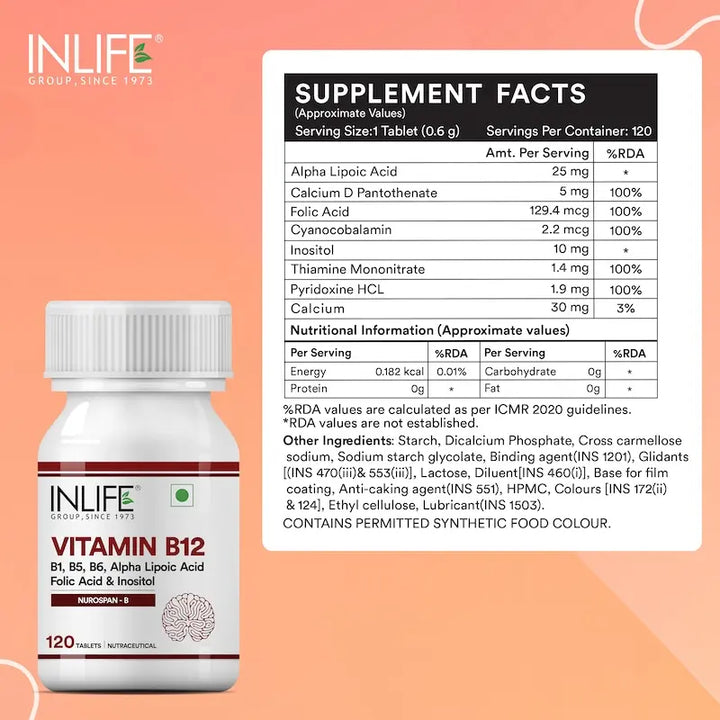 INLIFE Vitamin B12 With Alpha Lipoic Acid, Folic Acid, Inositol, B1, B5 & B6 Supplements Tablet, Supports Nerve Health, Immunity for Men & Women