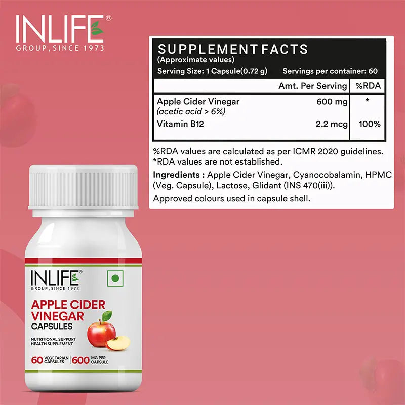 INLIFE Apple Cider Vinegar Supplement | Weight Management, Metabolism, Healthy Digestion | Plant Based Nutrition, 600mg