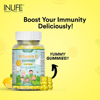INLIFE Vitamin D Gummies for Kids Men Women Adults, Bone & Muscle Health, Immunity Booster, Gluen Free, Vegan, 400 IU (Lemon)