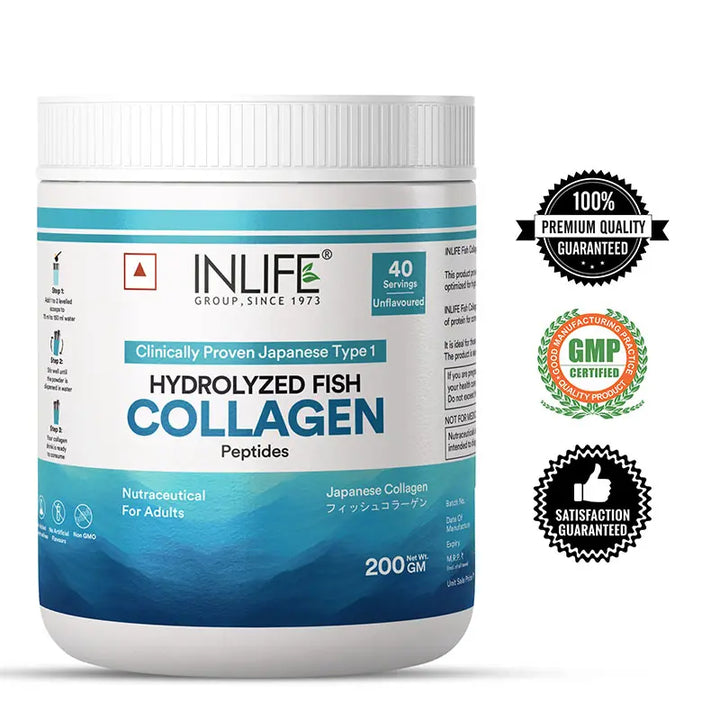 INLIFE Hydrolyzed Marine Fish Collagen Peptides Powder, Clinically Proven & Patented Ingredient, Skin Health, 200g (Unflavoured)