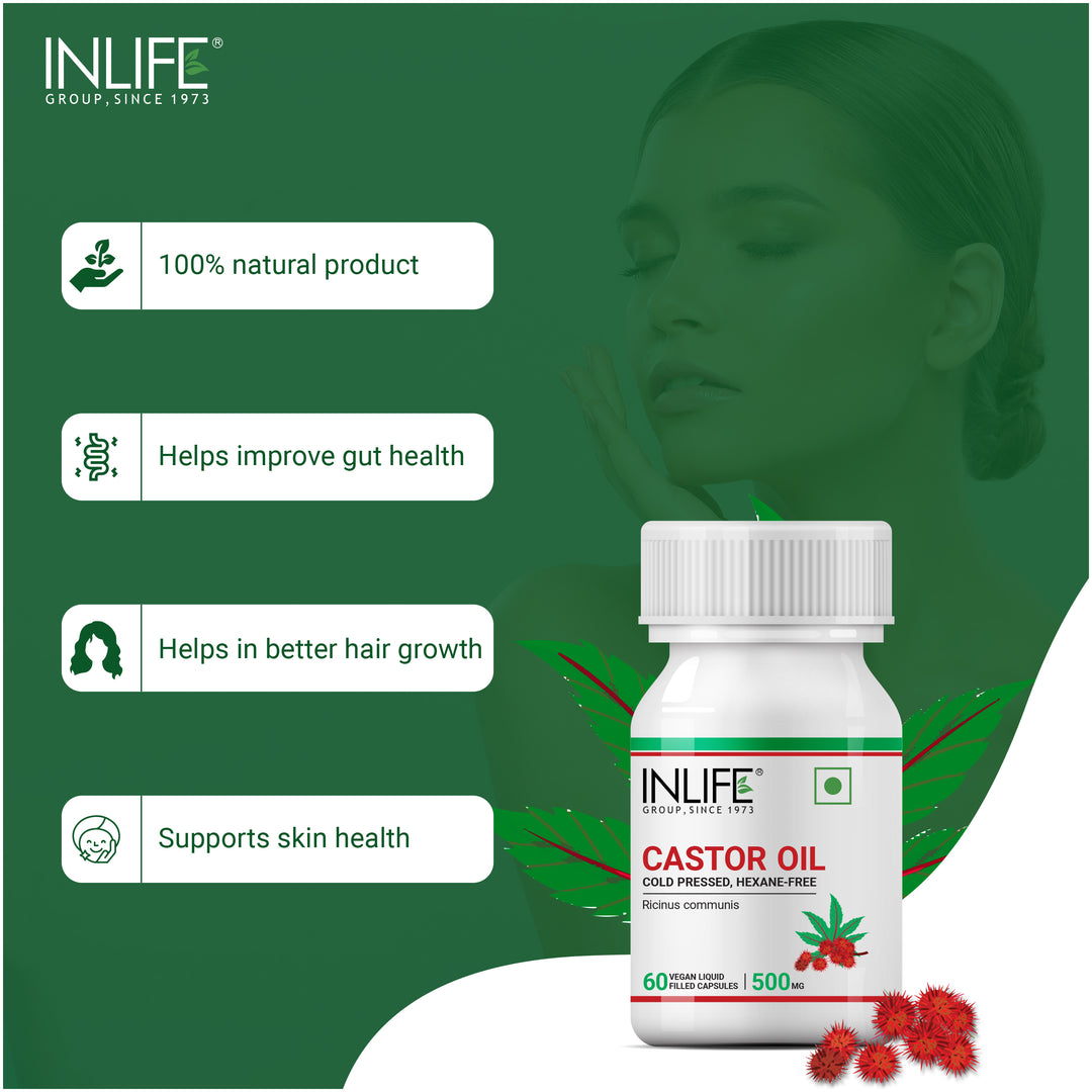 INLIFE Castor Oil Supplement for Hair and Skin, Natural Laxative, 500mg