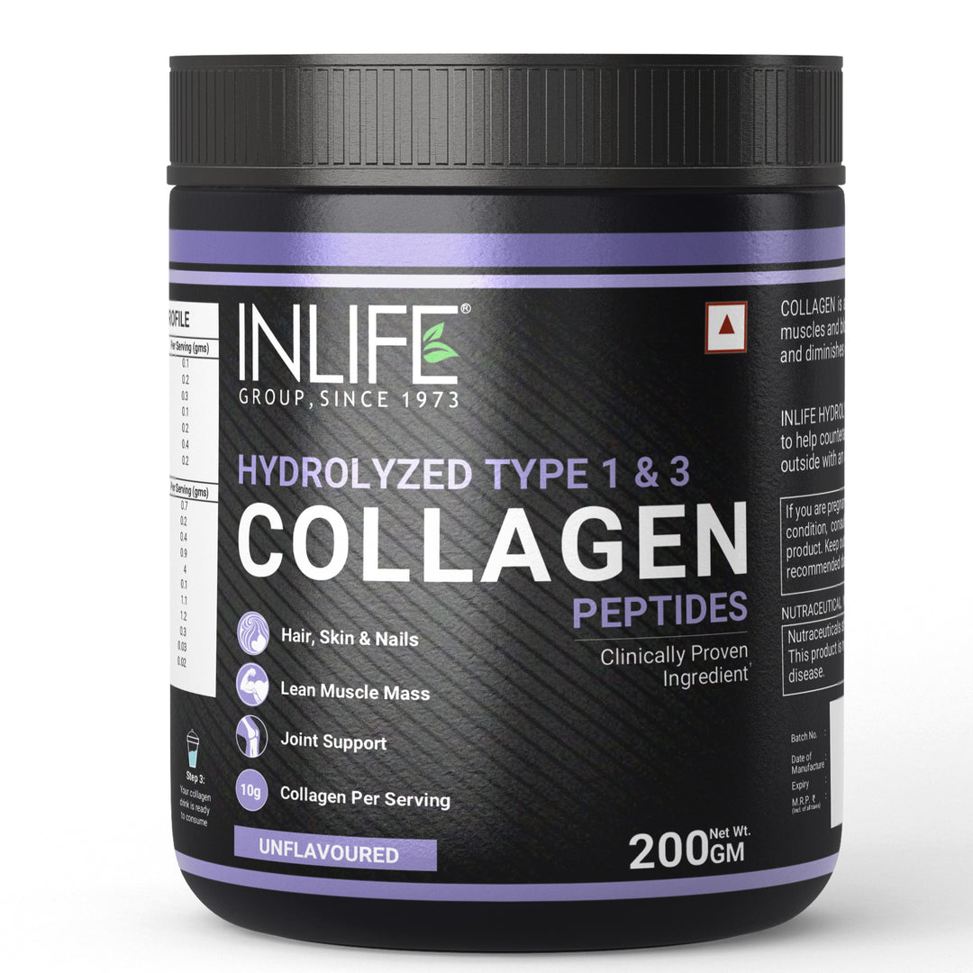 INLIFE Hydrolyzed Collagen Peptides Powder Clinically Proven Ingredient, Type 1 & 3, Skin Health, Bone Health Supplement - 200g (Unflavoured)