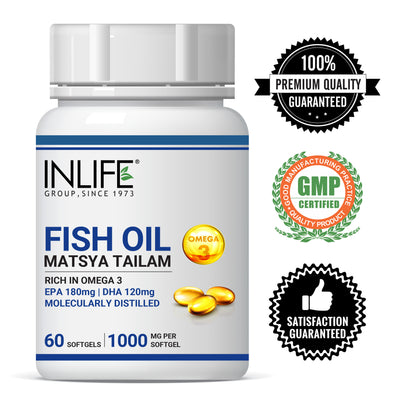 INLIFE Fish Oil Omega 3 Capsules 180mg EPA 120mg DHA Supplement, Molecularly Distilled, 1000mg