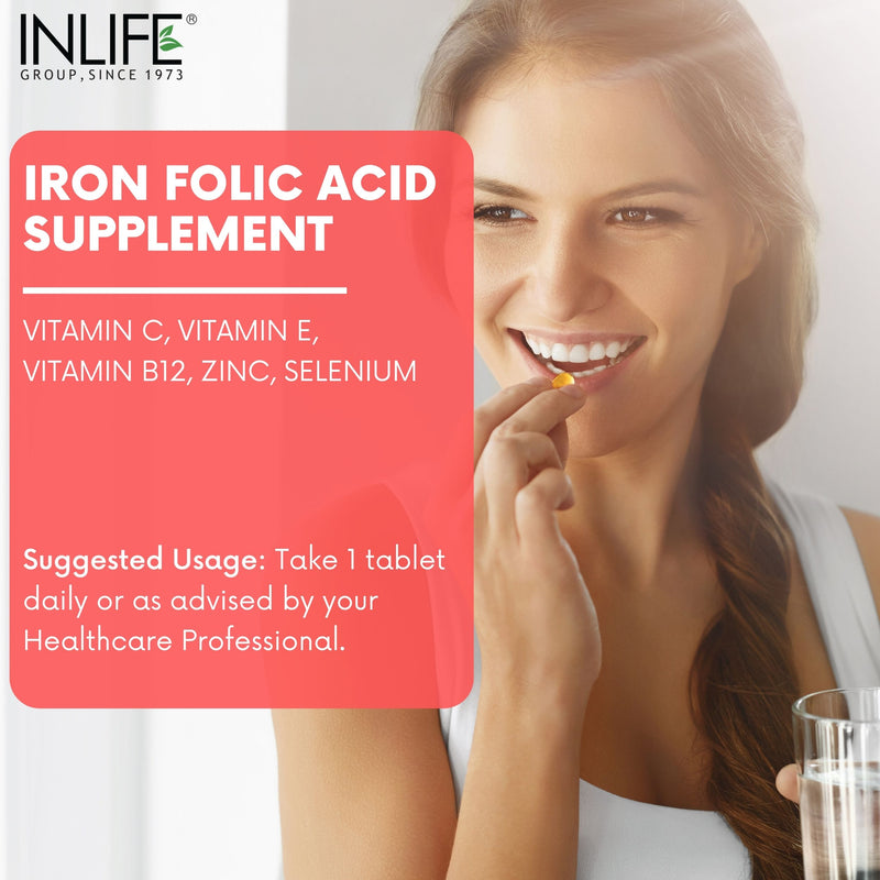 INLIFE Chelated Iron, Folic Acid, Vitamin C, E, B12, Zinc & Selenium Supplement