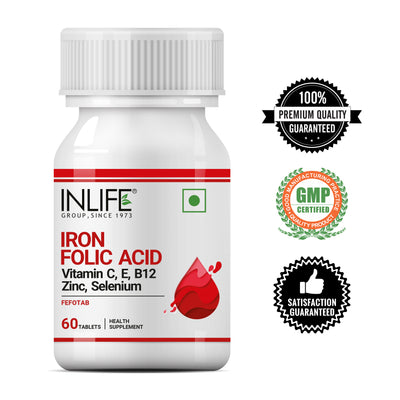 INLIFE Chelated Iron, Folic Acid, Vitamin C, E, B12, Zinc & Selenium Supplement