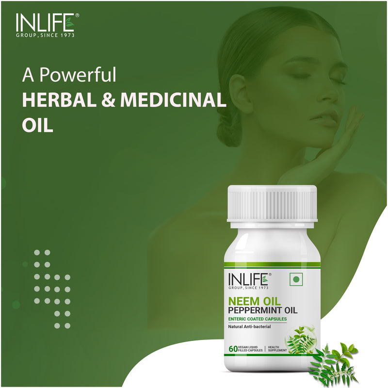 INLIFE Neem Oil 350mg with Peppermint Oil 150mg, Enteric Coated Capsules