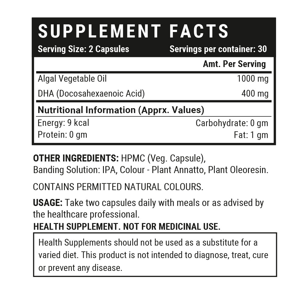 INLIFE Plant Based Vegan Omega 3 DHA Supplement Algal Oil 400 mg