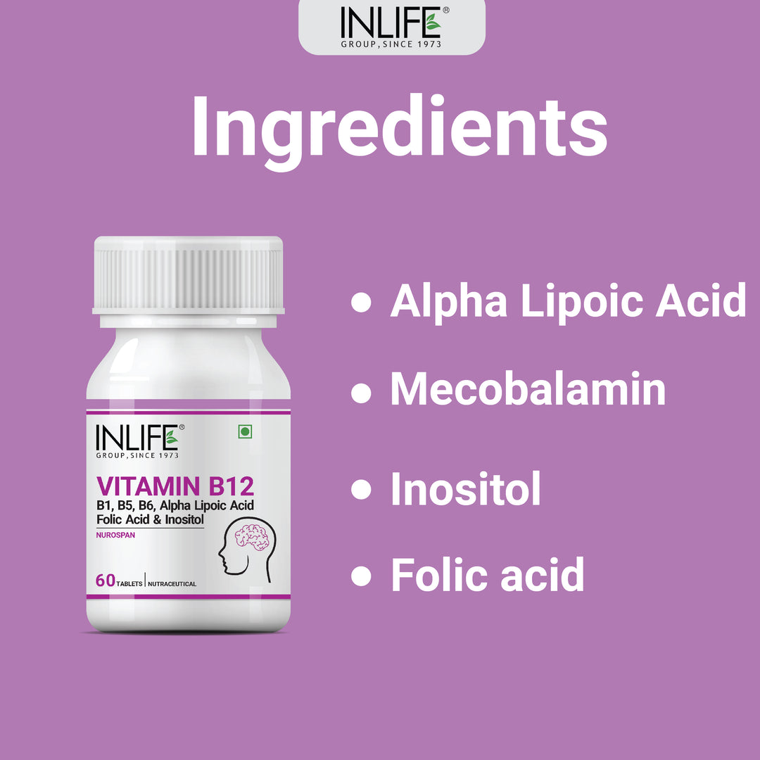 INLIFE Vitamin B12 1500 mcg, B1, B5, B6, Alpha Lipoic Acid ALA, Folic Acid, Inositol Supplements