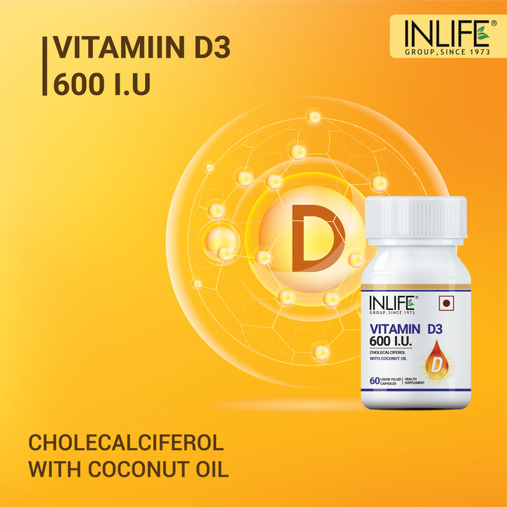 INLIFE Vitamin D3 600 IU Cholecalciferol Supplement with Coconut Oil for Better Absorption
