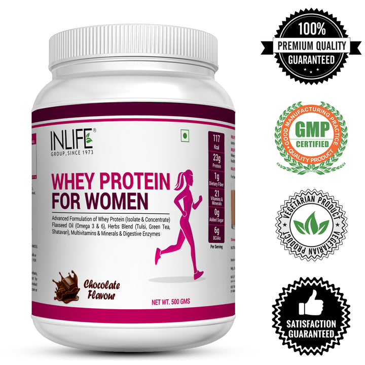 INLIFE Whey Protein Powder For Women Ayurvedic Herbs, 23g Protein, 21 Vitamins Minerals, Omega 3 6, With Digestive Enzymes (500g, Chocolate)