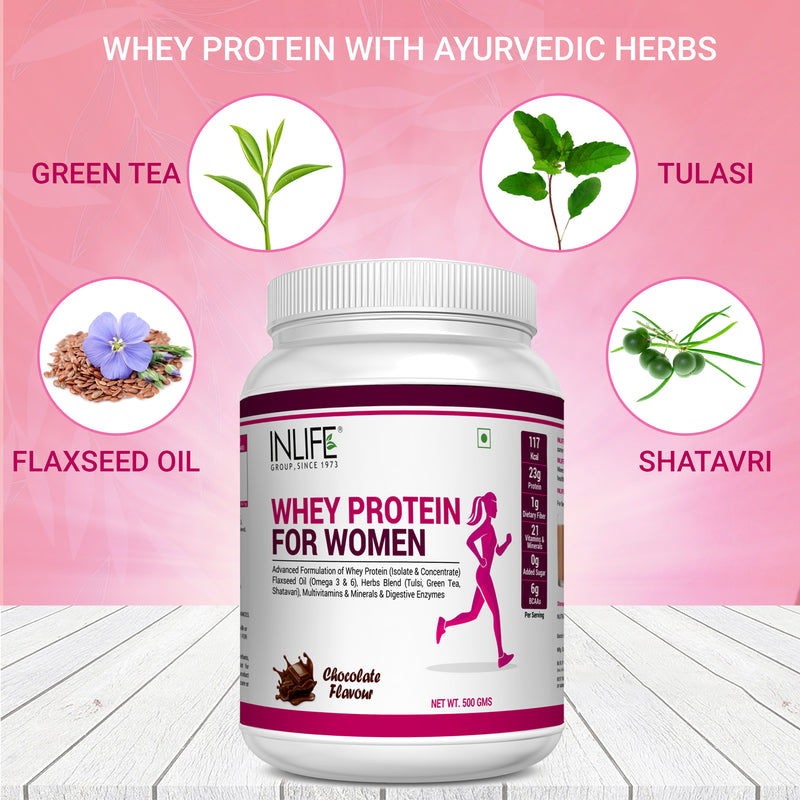 INLIFE Whey Protein Powder For Women Ayurvedic Herbs, 23g Protein, 21 Vitamins Minerals, Omega 3 6, With Digestive Enzymes (500g, Chocolate)