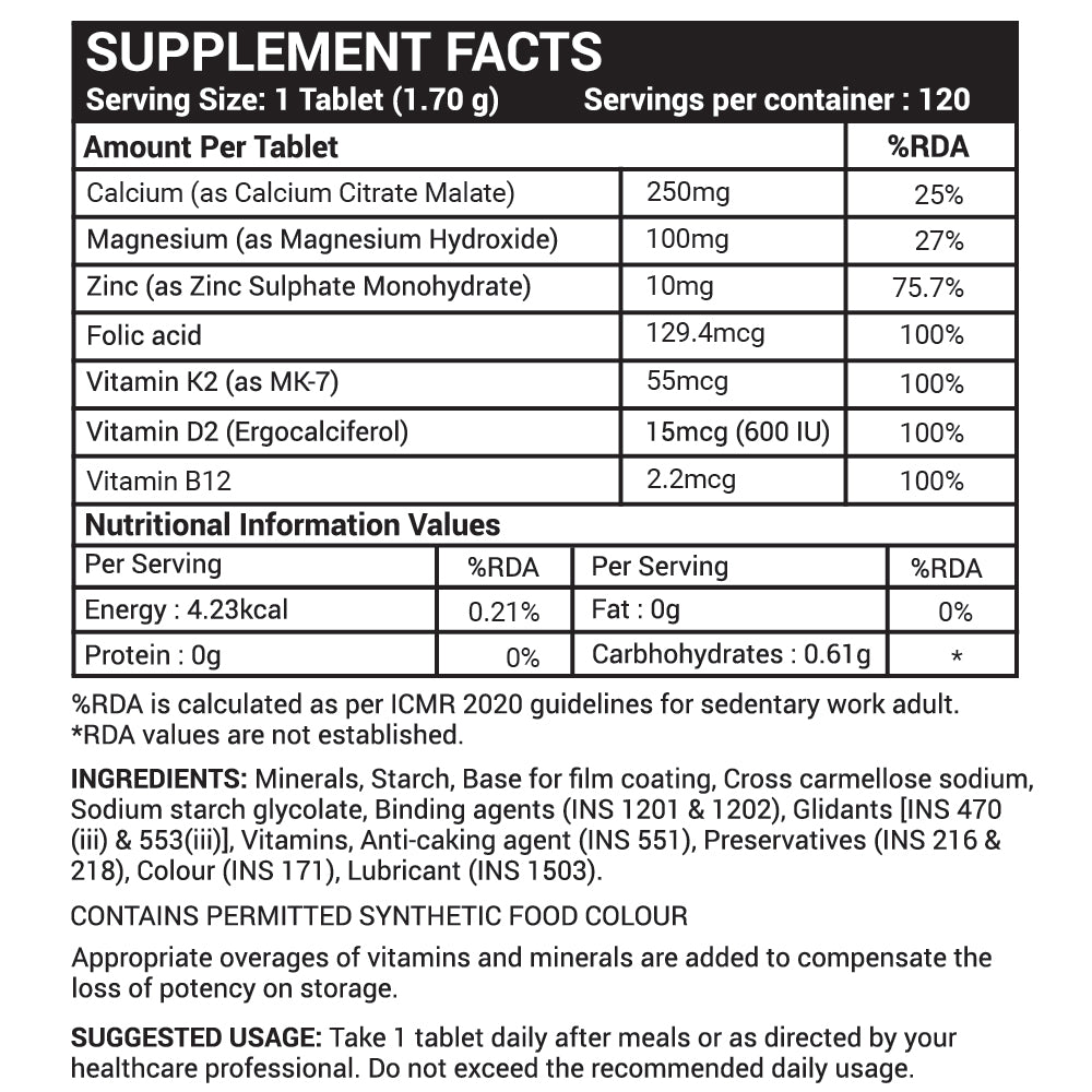 INLIFE Calcium Magnesium Zinc Vitamin D K2 Folic Acid & B12 Supplement
