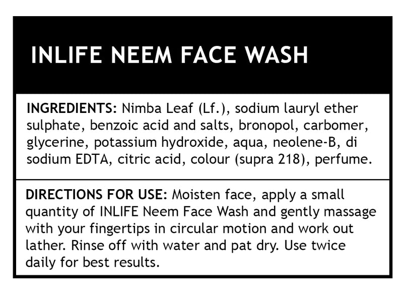 INLIFE Natural Neem Face Wash, Soap & Paraben Free for Acne & Black Spots, 200ml