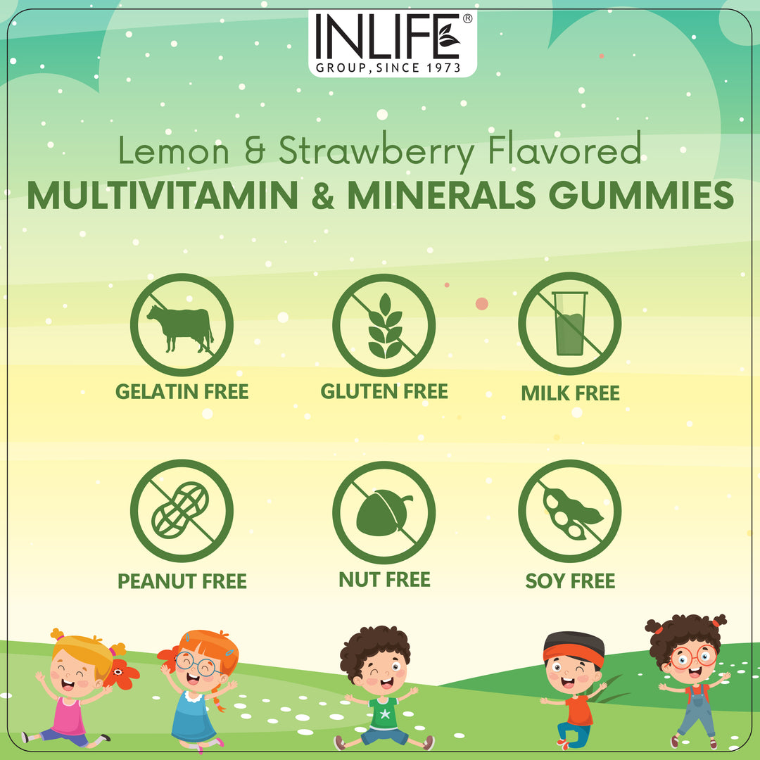 INLIFE Multivitamin Gummies for Kids Teens Men & Women, Healthy Growth, Development, and Immunity (Lemon & Strawberry)